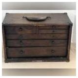 Antique six drawer wooden chest with handle, believed to be a toolbox/doctor/veterinary tool chest, a couple of the drawer knobs are missing, see pictures for details.