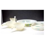 GLASBAKE DIVIDED CASSEROLE DISH & FIRE KING PLATES, BOWLS & MUG