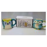 PAIR OF OWL MUGS & BOX SET OF GODINGER CRYSTAL SHOT GLASSES