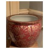 LARGE ASIAN CERAMIC FISH BOWL JARDINIERE PLANTER - HAND PAINTED ACANTHUS LEAVES & FLOWERS INSIDE PAINTED WITH FISH & FOLIAGE 14 3/4" ROUND X 11 3/4" TALL - DINING ROOM