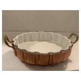 METALUTIL COPPERWARE ROUND SCALLOPED BAKER WITH STAND FROM PORTUGAL WITH WHITE CERAMIC DISH & BRASS HANDLES 9 1/2" ROUND - DINETTE