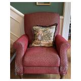 OVERSTUFFED UPHOLSTERED RECLINING OCCASIONAL SIDE CHAIR (NEEDS NEW UPHOLSTERY), VINTAGE FRENCH TAPESTRY THROW PILLOW (NEEDS NEW BACK) 34" WIDE X 34" DEEP X 37 1/2" TALL - FOYER