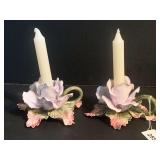 PAIR FINE PORCELAIN ROSE CANDLE HOLDERS FROM ITALY BY ALESSI - DINETTE