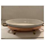 METALUTIL COPPERWARE OVAL BAKER WITH STAND FROM PORTUGAL WITH WHITE CERAMIC DISH & BRASS HANDLES 12" OVAL - DINETTE