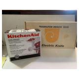 HAMILTON BEACH ELECTRIC KNIFE (NEW IN BOX) AND KITCHENAID FOOD GRINDER ATTACHMENT (NEW) - DINETTE