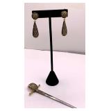 TOLEDO SPAIN SWORD LETTER OPENER & PAIR SPANISH DAMASCENE GOLDSTAR TEARDROP STUD CLIP ON EARRINGS - CHECKOUT