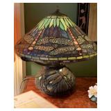 BEAUTIFUL TIFFANY DRAGONFLY REPRODUCTION LAMP BY DESIGN SOLUTIONS INTERNATIONAL BRONZE FINISH WITH 330 PIECES TIFFANY GLASS SHADE - HAS 3 PULL CHAINS 16 1/4" TALL X 17" ROUND - FOYER