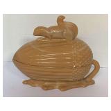 MID CENTURY L.E. SMITH CARAMEL SLAG GLASS SQUIRREL ON ACORN PEDESTAL CANDY DISH 7 1/2" LONG X 6 1/2" TALL X 4" WIDE (MATCHES LOT 2204) - LIVING ROOM