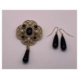 1928 GOLDTONE BROOCH WITH BLACK/WHITE STONES & MATCHING PIERCED EARRINGS - CHECKOUT