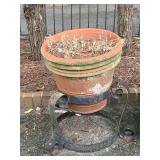 LARGE TERRA COTTA PLANTER 18" ROUND X 17" TALL ON HEAVY METAL STAND 22" ROUND HANDLE TO HANDLE 15" TALL - COURTYARD