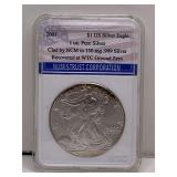 2001 SILVER EAGLE WALKING LIBERTY ONE DOLLAR COIN CLAD BY NCM IN 150 MG .999 SILVER - RECOVERED AT WORLD TRADE CENTER GROUND ZERO - CHECKOUT