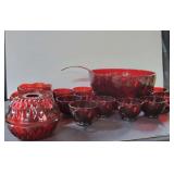 VINTAGE RUBY RED PUNCH BOWL, CUPS & BOWLS