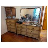 THREE-PIECE BEDROOM SUITE INCLUDING DRESSER WITH MIRROR, FOUR DRAWER CHEST, AND TWO DRAWER NIGHTSTAND - BR1