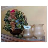 FAUX FRUIT FLORAL ARRANGEMENT IN DRIP GLAZED POTTERY COMPOTE PLUS THREE GLASS CANDLE SHADES - LIV