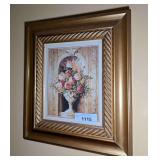 VINTAGE T.C. CHIU "STILL LIFE" FRAMED ART, GREEN & GOLD FLORAL PEDAL VASE - LIV