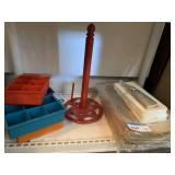 5 SILICONE CUBE TRAYS, 4 NEW STEAK PLATTERS & RED METAL PAPER TOWEL HOLDER