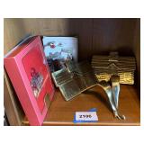 2 HEAVY BRASS STOCKING HOLDERS, 4 NEW CHRISTMAS METAL COASTERS & MORE