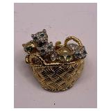 VINTAGE CAROLEE BASKET OF RHINESTONE KITTENS WITH GREEN EYES BROOCH 1 1/2" WIDE