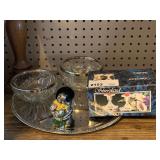 PAIR SILVERPLATE CANDLESTICKS (IN BOX), 2 CRYSTAL BOWLS TRIMMED W/ SILVERPLATE & MORE