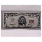 1963 $5 RED SEAL UNITED STATES NOTE SERIAL # A62408588A