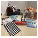 Assorted household and crafting supplies, includes body wash, toothpaste, toothbrush, body lotion, scissors, and more. Tub is not included, see pictures for details.