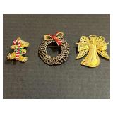 Vintage Christmas brooches, three pieces, includes a Danecraft wreath brooch, See pictures for details.