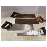 Hand saws to include flat back miter saw, and plumber saw, four pieces total, see pictures for details.