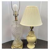 Table lamps, two pieces to include a Ginger jar lamp and a cut glass, diamond pattern lamp with brass base, see pictures for details.