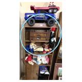 Shelving unit and content of assorted vintage children’s toys and more. See pictures for details.