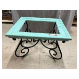 Metal base square side table, the wood top is missing the glass, see pictures for details.