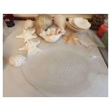 MIXED LOT WITH CLEAR GLASS, FISH PLATTER, AND LOTS OF SEASHELLS ￼