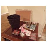 LOT OF CARDS, TRASH BASKET, AND SMALL BULLETIN BOARD