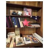 CONTENT OF SHELVES, AMERICAN FLAGS, BINDERS, HISTORY, INFORMATION, OLD PICTURES, AND MORE