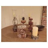 MIXED LOT OF TWO DECORATIVE CANDLES, AND TWO OIL, BURNING LAMPS AND MORE