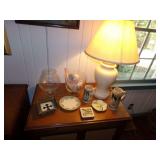 MIXED LOT INCLUDING LAMP, TWO STEINS, PLATES, DISHES, AND MORE