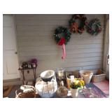 THREE WREATHS A NUMBER OF BASKETS TABLE WITH SMALL COLLECTIBLES, GARDNER