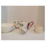 THREE COFFEE MUGS, MERRY LIGHTS, LENNOX BOWL AND DECORATIVE WHITE BOWL