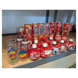 COLLECTIBLE COCA-COLA CANS, COCA-COLA BOTTLES, DR PEPPER FOOTBALL BOTTLES, PEPSI GLASSES, AND MORE