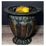 DECORATIVE METAL URN VASE WITH FAUX FRUIT