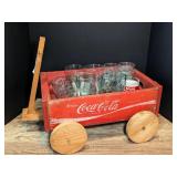 WOODEN COCA-COLA CRATE WAGON AND COKE GLASSES / CUPS