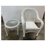 Outdoor/patio wicker style chair with matching side table, see pictures for details.