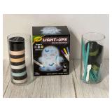 Glass cylinder storage jars, includes content of paints transfer, also includes a Crayola Light-Ups recolorable ghost, still new in the box, see pictures for details.