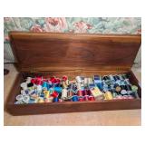 LARGE SOLID WOOD BOX FILLED WITH SEWING THREAD