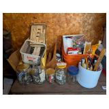 ALL ITEMS IN TABLETOP AREA MARKED 1385 INCLUDING OFFICE SUPPLIES, VINTAGE KITCHEN TOOLS, AND MORE