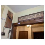 ANTIQUE KITCHEN UTENSILS, MEMORIES SIGN, AND RADIO ON TOP OF REFRIGERATOR TO THE SIDE