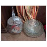 VINTAGE FORMAL GLASS SERVING PIECES AND DECORATIVE BOWL WITH BIRDHOUSE AND MARBLE ACCENTS AND FORMAL GLASS LID