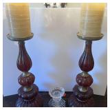 DR…Vintage red amber colored pillar candle holders with brass trim, these pieces are very heavy, believed to be lucite, also includes a crystal pillar candle holder, believed to be Waterford, see pi