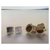 VINTAGE UNBRANDED TIGER STONE GOLD TONE WRAP CUFF LINKS & VINTAGE UNBRANDED MOTHER OF PEARL SILVERTONE CUFF LINKS