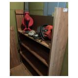 SHELF LOT INCLUDES TROY BILT ELECTRIC BLOWER, BLACK & DECKER ELECTRIC HEDGE HOG, ELECTRIC DRILL & HANDMADE SHELF 38" LONG X 11" DEEP X 47" TALL - CARPORT STORAGE