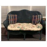 DARK GREEN COATED WICKER FAN BACK SETTEE WITH THROW PILLOWS & CUSHION 52" LONG X 29" DEEP X 37" TALL (MATCHES LOT 2206, 2216, 2219, 2236) - SUNPORCH